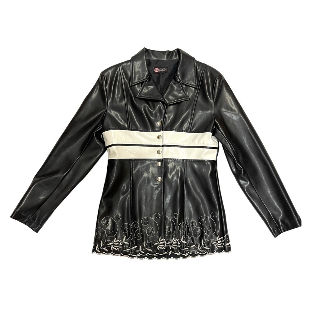 Planete interdite embroidered faux leather jacket black white fits S M vintage